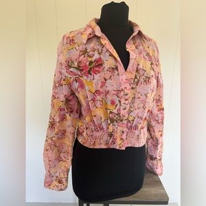 Free People We the Free Pink Floral Linen Cropped Shirt Jacket Shacket M